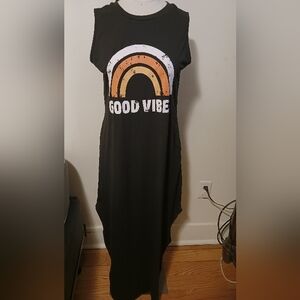 Aanrabess Womans L Good Vibes Long Black Comfy Pullover Dress With Pockets